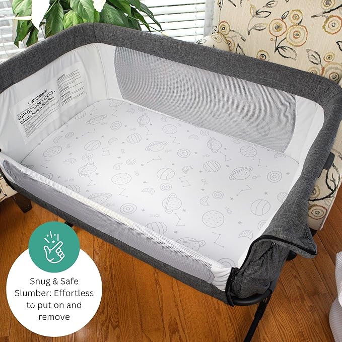 Bassinet Sheets for Papablic, CoZee, Cowiewie, Ezebaby, Nawahev Baby Bassinet Bedside Sleeper by TansyPanda, 3PC, 33x20, Ultra Soft, Breathable Snug Fit, Unisex Boys Girls, Gray White (Space Rockets)
