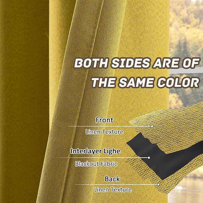 100% Blackout Linen Textured Curtains 84 Inch Length 2 Panels Set for Living Room, Bedroom, Light Weight Curtains with Grommets Top, Full Blackout Curtains Privacy Protection, Gold, 52" W x 84" L