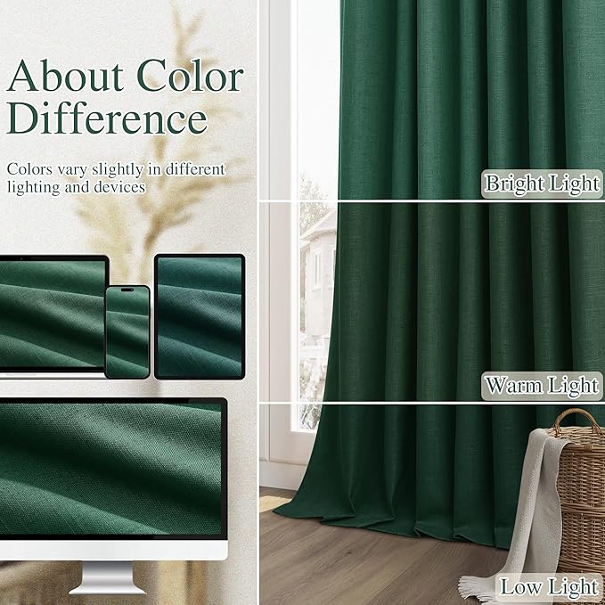 Guken Dark Green 100% Blackout Curtains 120 Inch Length 2 Panels Set for Living Room Bedroom Back Tab Thermal Insulated Black Out Linen Drapes Decor 52x120