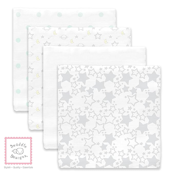 SwaddleDesigns Cotton Muslin Swaddle Blankets, Set of 4, Receiving Blankets for Baby Boys & Girls, Best Shower Gift, 46x46 inches, Goodnight Starshine