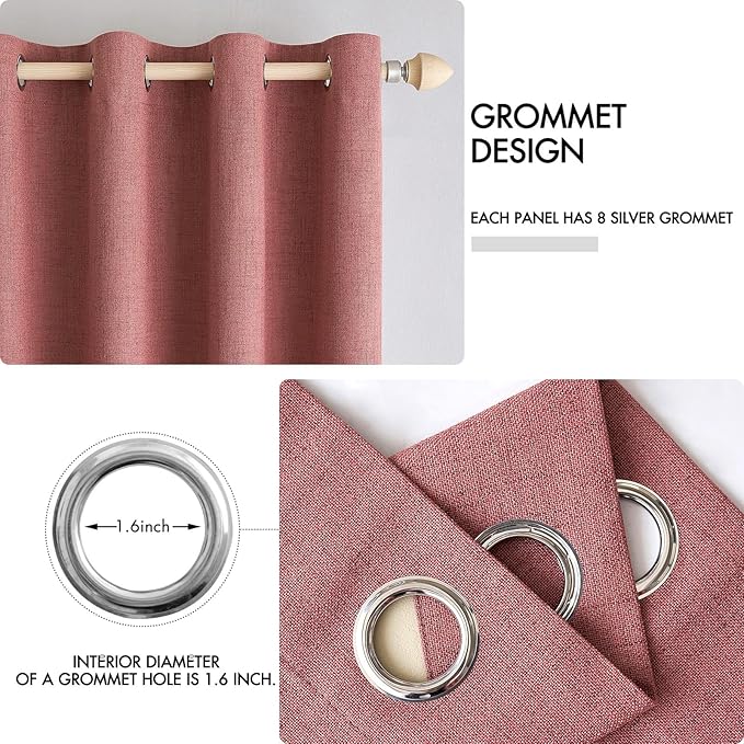 MIULEE 100% Blackout Linen Textured Curtains for Bedroom Solid Thermal Insulated Dusty Rose Grommet Room Darkening Curtains & Drapes Luxury Decor for Living Room Nursery 52 x 84 Inch (2 Panels)