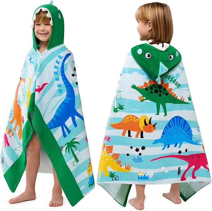 Joiedomi Hooded Towels for Kids Dinosaur Print Soft 100% Cotton Kids Beach Towel 30" x 50" for 3-10 Years Boys Girls Beach Hooded Poncho Absorbent Pool Toddler Swim Bath Wrap