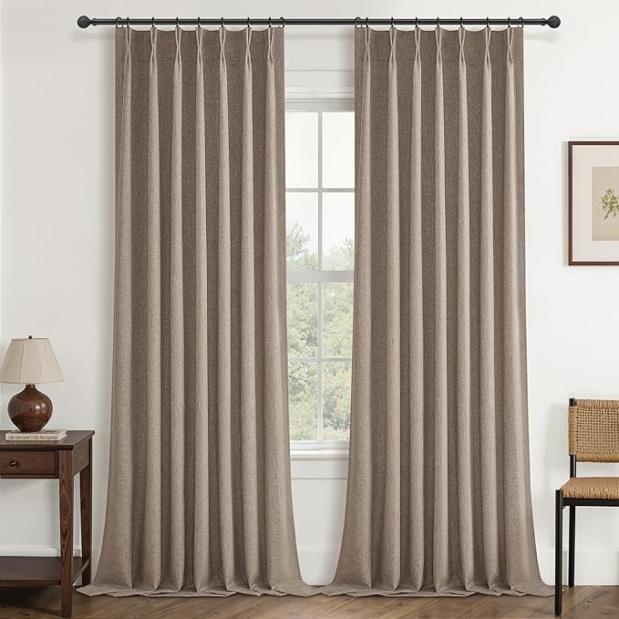 Dark Flax Primitive Heavy Curtain 120 Inch Long 2 Panels Burg,Chocolate Pinch Pleated Linen Blended Floor Length to Ceiling Traverse Large Curtains for Living Room Blackout Drapes Sun Blocking Window