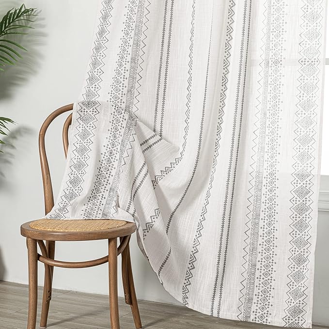 MEETSKY Light Filtering Curtains 95 Inches Long Boho Cotton Curtains for Dining Room Bohemian Geometric Printed Linen Style Burlap Effect Modern Back Tab Window Drapes for Home