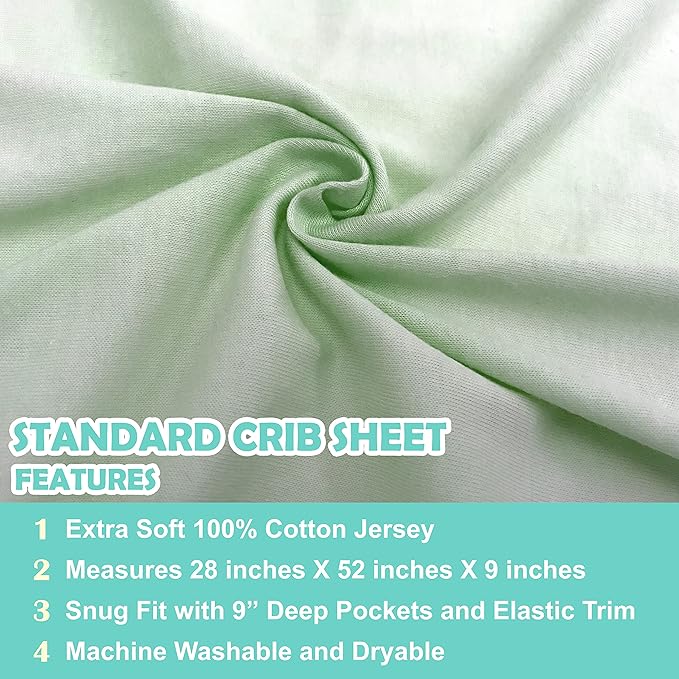 American Baby Company 2 Pack 100% Natural Cotton Fitted Crib Sheets 52" x 28" - Soft, Breathable, Hypoallergenic & Gentle Toddler Bed Sheets, Celery and White, Neutral for Boys & Girls