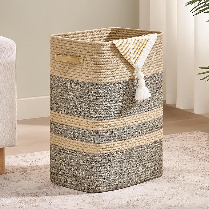 Laundry Hamper,Laundry Basket with Leather Handles,Woven Storage Basket for Toys,Pillows,Blankets,Clothes,Dark&Brown