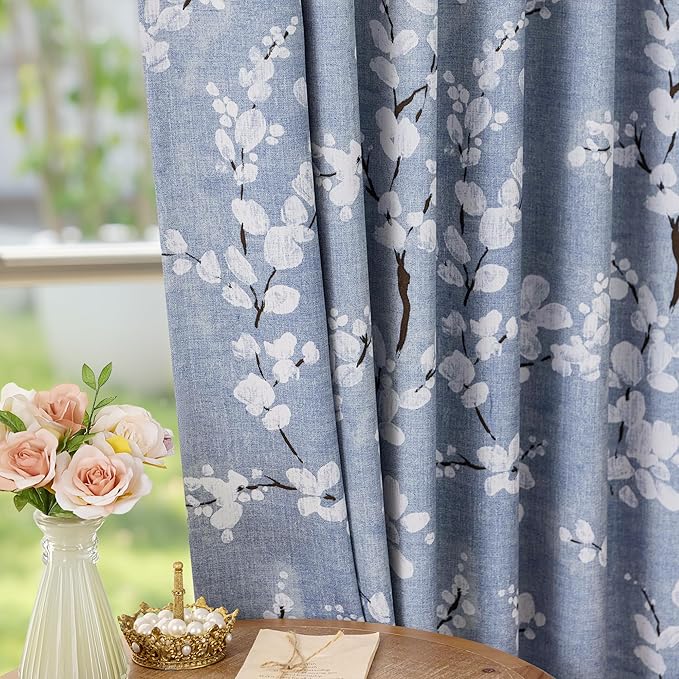 FMFUNCTEX 100% Blackout Sliding Door Curtains for Living Room, Blue Floral Print Extra 100 Wide Window Curtain Panels for Sliding Glass Door, Thermal Insulated 1 Panel Grommet (White on Blue)