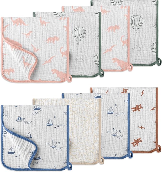 LILY O LAUREL Muslin Burp Cloths, 20"x10"- Pack of 8, 6 Layers Super Soft Absorbent & Breathable 100% Cotton for Baby Drool and Messes, Burp Cloth Baby Boy and Burp Cloths Baby Girl