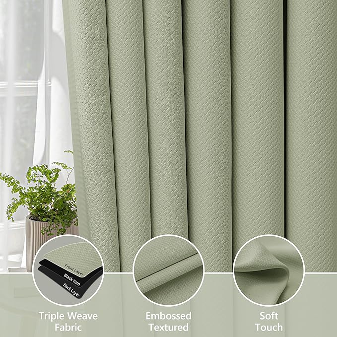 FMFUNCTEX 100% Blackout Curtains for Bedroom, Sage Green Back Tab Curtain 96 Inches Long Drapery Thermal Insulated Curtains for Living Room, Black Out Drapes Rod Pocket Room Darkening 2 Panels