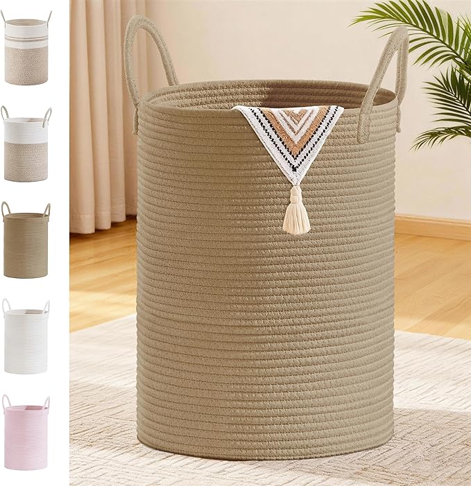 Tall Laundry Basket with Handles, 100L Portable Dirty Clothes Hamper, Boho Cotton Rope Storage Bin for Blankets Kids Toys Gifts, Extra Large Organizer for Baby Nursery Bedroom Bathroom, Jute