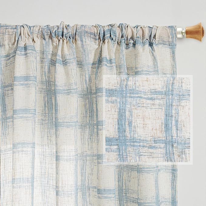 MYSKY HOME Linen Curtains 84 Inches Long, Window Treatment Sets for Living Room Bedroom Linen Blend Drapes, Soft Touch Plaid Room Divider Curtains for Doorways Sliding Glass Door, Blue, 2 PCs