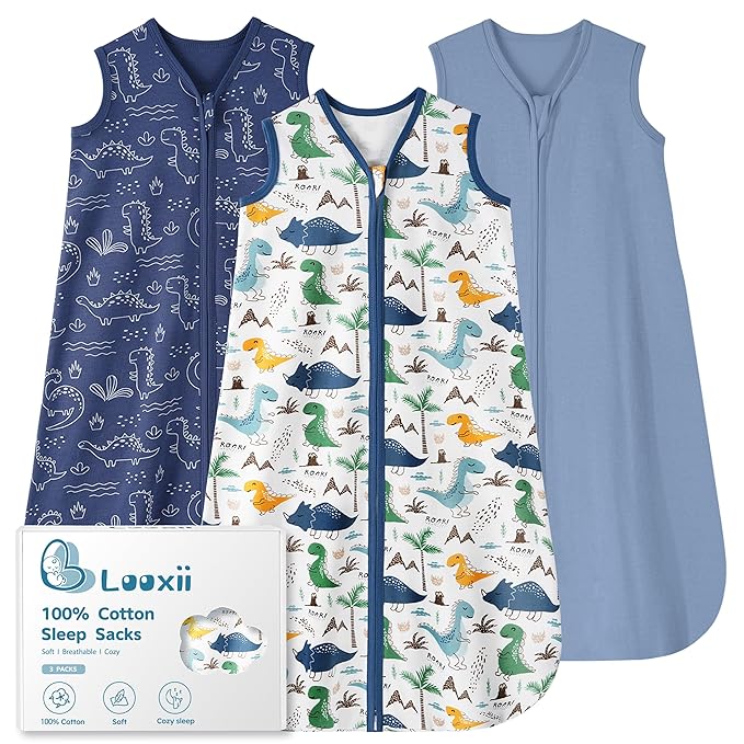 Looxii Baby Sleep Sack 0.5 TOG, 100% Cotton 3 Pack Wearable Blanket Baby Sleep Bag for Newborn Infant, 2-Way Zipper Lightweight Toddler Sleeping Sack 18-24 Months