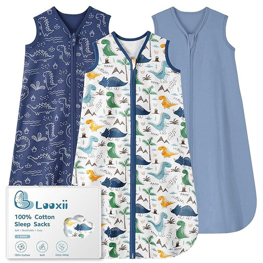 Looxii Baby Sleep Sack 0.5 TOG, 100% Cotton 3 Pack Wearable Blanket Baby Sleep Bag for Newborn Infant, 2-Way Zipper Lightweight Toddler Sleeping Sack 12-18 Months