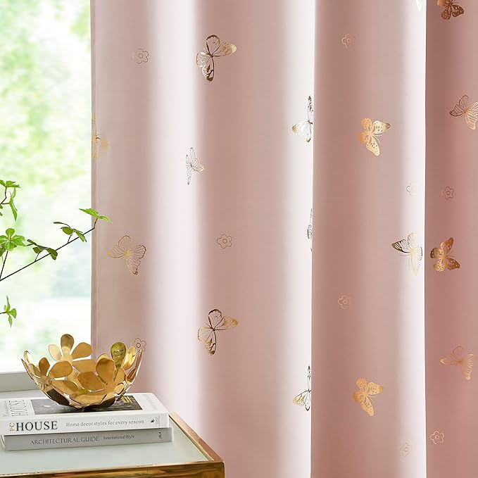 Jubilantex Pink Gold Butterfly Blackout Curtains 84 Inches Long with Black Layer Thermal Insulated Window Curtains Grommet Top for Bedroom Girls Room