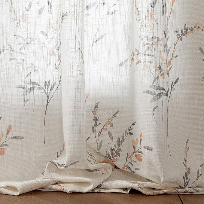 MYSKY HOME Sheer Curtains 108 Inch Length Semi Flax Linen Floral Farmhouse Curtains for Living Room Sliding Glass Door Window Curtain Panels Light Filtering Privacy Protect Drapes Set, Yellow, 2 Pcs