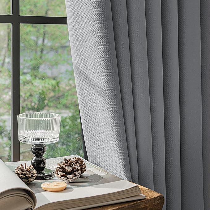 FMFUNCTEX 100% Blackout Curtains for Bedroom, Dark Grey Back Tab Curtain 96 Inches Long Drapery Thermal Insulated Curtains for Living Room, Black Out Drapes Rod Pocket Room Darkening 2 Panels