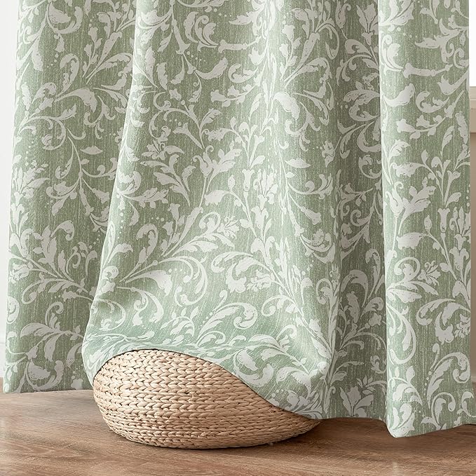 jinchan 80% Blackout Curtains for Living Room, Farmhouse Drapes with Scroll Floral Patterned for Bedroom, Grommet Top Thermal Insulated Curtains, Vintage Country Drapes 96 inch Length 2 Panels Green