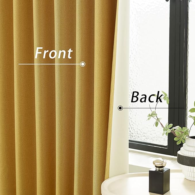 DUALIFE Yellow Linen Blackout Curtains 132 Inch Length 2 Panels Set for Living Room Bedroom Back Tab Thermal Insulated 100% Black Out Linen Drapes 11 ft Window Curtains 132 Inches Long