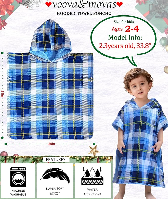 VOOVA & MOVAS Double-Layered Baby Hooded Towel Poncho (2-4 Years, 20x21 Inches) | Ultra Soft & Absorbent Cotton | Thick Toddler Bath Towel for Swimming, Beach, Shower & Winter,Blue Bufflo