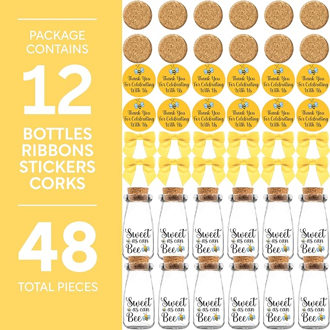 Ethisa Small 12 Pack Bee Party Favor Glass Bottles with Ribbons and Stickers - Baby Shower and Birthday Souvenir for Guests and Table Centerpiece Decoration - Sweet as Can Bee Honey Themed Candy Jar