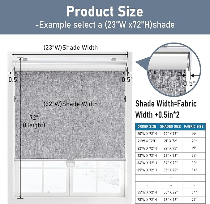 Cordless Roller Shades Blackout Blinds for Windows Room Darkening Rolled Up Shades with Spring System, UV Protection Natural Linen Fabric Window Shades Door Blinds for Home,33" W x 72" H, Heather Grey