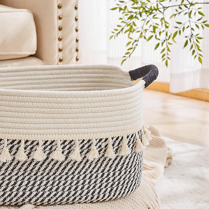 Storage Bins Woven Baskets for Storage Set of 3, Cotton Rope Basket with Handles for Toys/Shelves/Laundry, Rectangle Multi-Purpose Organizer for Living Room, Bedroom, Nursery (White/Black)