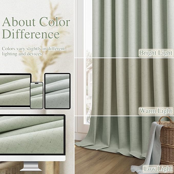 Guken 100% Blackout Curtains 63 Inch Length 2 Panels Set for Living Room Bedroom Back Tab Thermal Insulated Black Out Linen Drapes Room Darkening Window Curtains Mist Sage 52x63