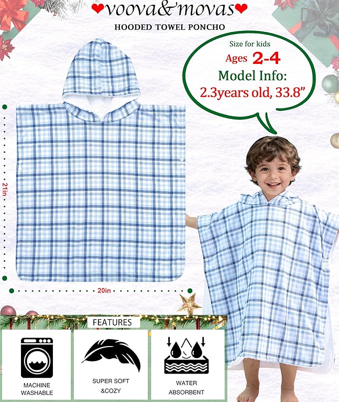 VOOVA & MOVAS Double-Layered Baby Hooded Towel Poncho (2-4 Years, 20x21 Inches) | Ultra Soft & Absorbent Cotton | Thick Toddler Bath Towel for Swimming, Beach, Shower & Winter,Blue Check