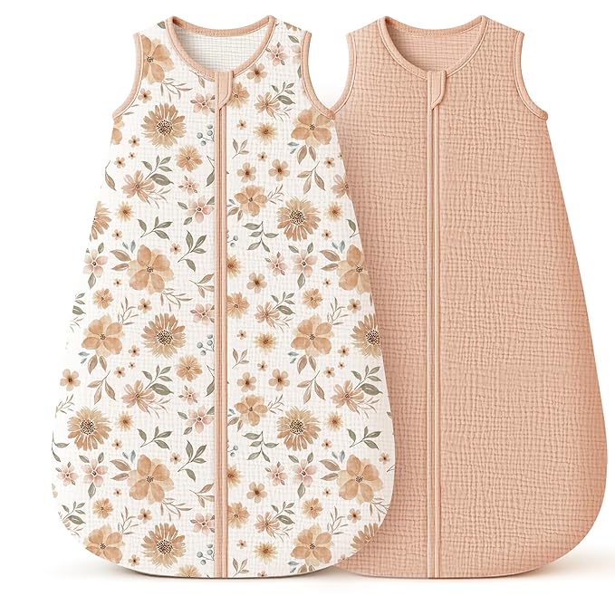 Konssy Muslin Baby Sleep Sack 0-6 Months 0.8 TOG, 2 Pack 100% Cotton Wearable Blanket for Babies, 2-Way Zipper Breathable Sleeping Sack Infant Toddler Essentials for Girls and Boys (Flourish, Toffee)