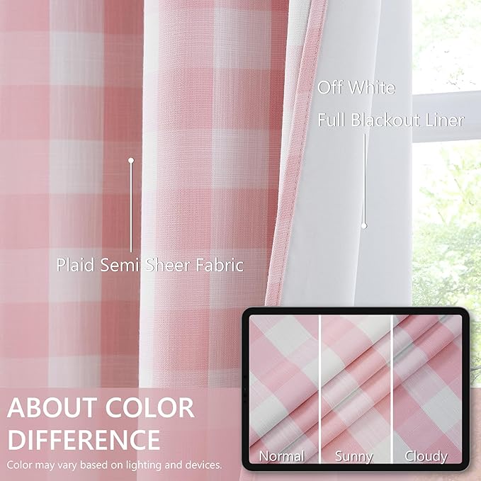 Amzdecor Buffalo Check Plaid Full Blackout Curtains 95 Inches Long for Bedroom Girls Room Thermal Insulated Total Room Darkening Grommet Drapes,Farmhouse Window Treatment,2 Panels,40"x95",Pink&White