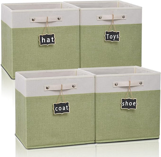13x13x13 Inch Large Foldable Fabric Linen Cube Storage Bins【4-pack】, with Cotton Handles Closet Bins for Cabinet Shelves Home Organization and Storage bins(White&green)