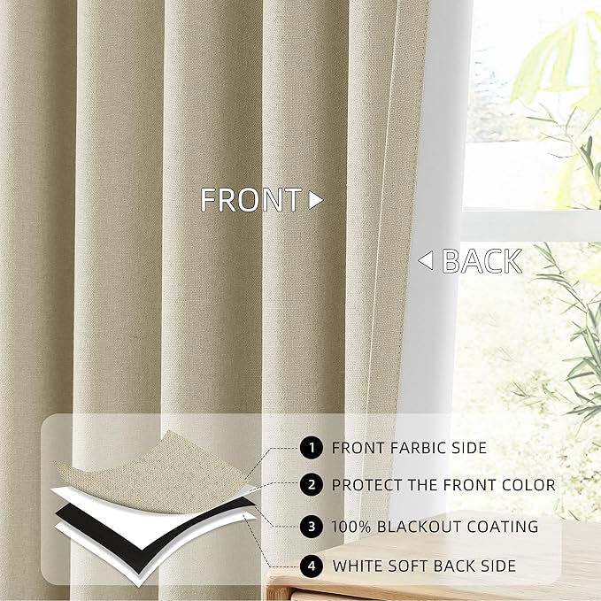 ChrisDowa 100% Blackout Tan Solid Curtains 63 Inches Long 2 Panels for Bedroom Living Room,Farmhouse Room Darkening Thermal Insulated Soundproof Grommet Top Window Treatment Drapes,52x63