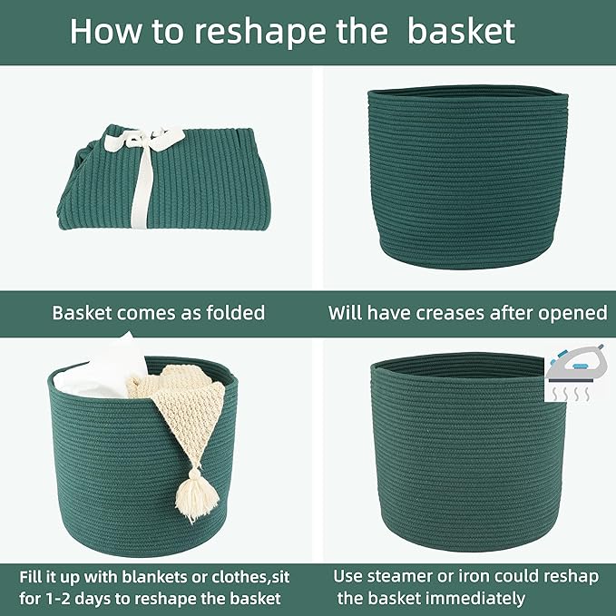 Cotton Rope Basket For Girls Boys Kids 16”X14” Baby Laundry Basket Nursery Bin Round Woven Baskets Organizer For Storage Toys Blankets Shoes Clothes dark green