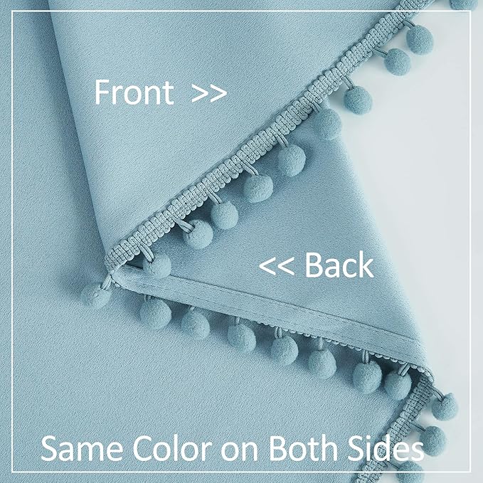 Treatmentex Blue Pom Pom Curtains for Living Room Bedroom 63 inch Thermal Insulated Half Blackout Curtain Drapes for Girls Boys Room Guest Room 52" w x2 Panels Rod Pocket