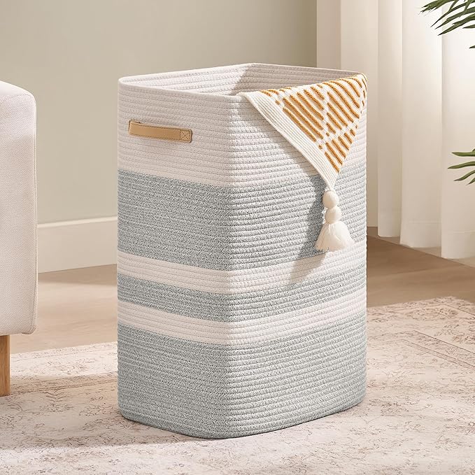 Laundry Hamper,Laundry Basket with Leather Handles,Woven Storage Basket for Toys,Pillows,Blankets,Clothes,Grey&White