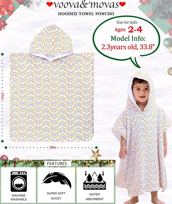 VOOVA & MOVAS Double-Layered Toddler Poncho Towel with Hood (2-4 Years, 20x21 Inches) | Ultra Soft & Absorbent Cotton | Thick Baby Bath Towel for Swimming, Beach, Shower & Winter,Rainbow