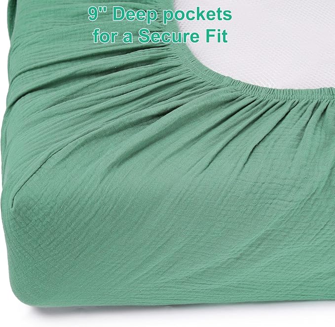 PET REJOIR 2 Pack Muslin Fitted Crib Sheets for Baby Girls & Boys-Neutral Breathable Crib Mattress Protector for Standard Crib Mattress (28"x 52") -Soft No Slip Toddler Cotton Bedding-Green & Grey