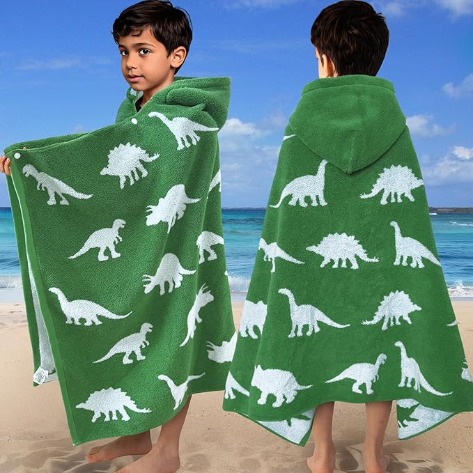 VOOVA & MOVAS Kids Hooded Bath Towels (3-10Years,30"x54"),100% Cotton Thick Absorbent Soft Towel Wrap for Toddler Boys,Perfect for Bathroom | Pool | Beach | Swimming, Jacquard Green Dinosaur