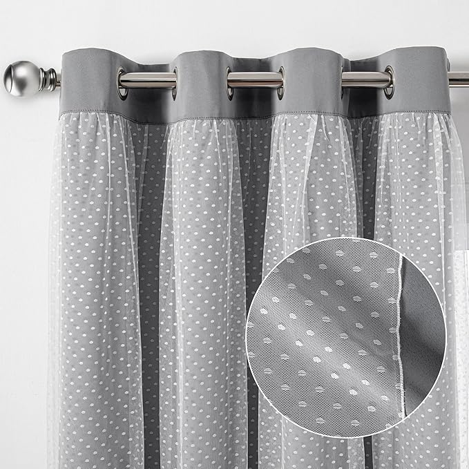 MYSKY HOME 70% Blackout Curtains for Girls Bedroom & Nursery Kids Grey Cute Curtains Double Layer with Polka Dots Sheer, Grommet Tops, 52x95 Inch Each Panel, 2 Panels
