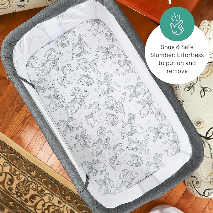 Bassinet Sheets for Airclub, AMKE, LovliTod Baby, Bonbay, Bellababy Bedside Bassinet Sleeper by TansyPanda, 3 Pack, 20x33 Inch, Ultra Soft, Breathable, Snug Fit, Unisex Boys, Girls, Gray (Ocean Fish)