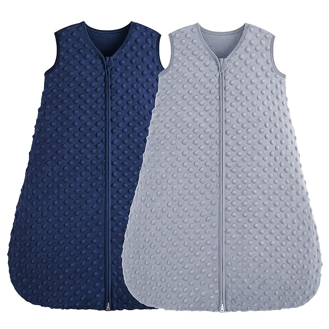 FIEMOL Fleece Baby Sleep Sack 0-6 Months, 1.5 TOG Cotton Baby Wearable Blanket With Soft Plush Dots, 2 Pack Newborn and Infant Warm Sleeping Sack with 2-Way Zipper Blue&Grey