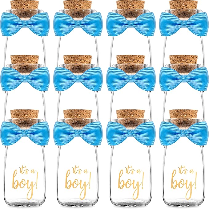 Ethisa Vintage 12 Pack It's a Boy Milk Glass Bottles with Ribbons and Stickers - Classy Baby Shower Favors for Guests and Table Centerpieces - Gender Reveal Boy Decorations - Baby Shower Candy Jar