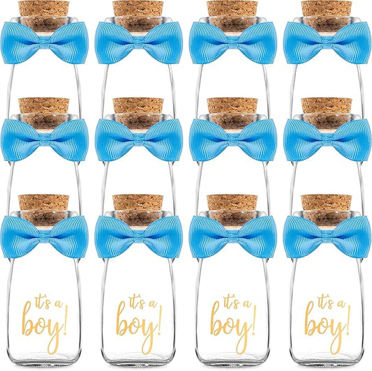 Ethisa Vintage 12 Pack It's a Boy Milk Glass Bottles with Ribbons and Stickers - Classy Baby Shower Favors for Guests and Table Centerpieces - Gender Reveal Boy Decorations - Baby Shower Candy Jar