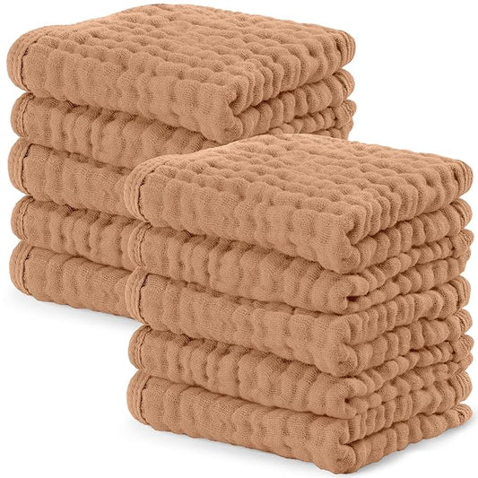 Comfy Cubs Muslin Baby Washcloths 10 Pack - Soft 6-Layer Cotton Wash Cloths for Sensitive Skin - 10"x10" Large, Gentle, Absorbent Infant Essentials for Newborn and Toddlers - Caramel