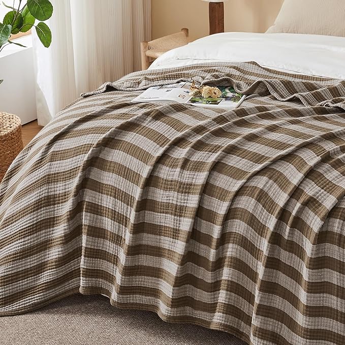 EMME Cotton Muslin Queen Blanket Bed Layering Bedspread Coverlet Breathable Gauze Soft Lightweight Adults (Striped Brown, 90"x90")