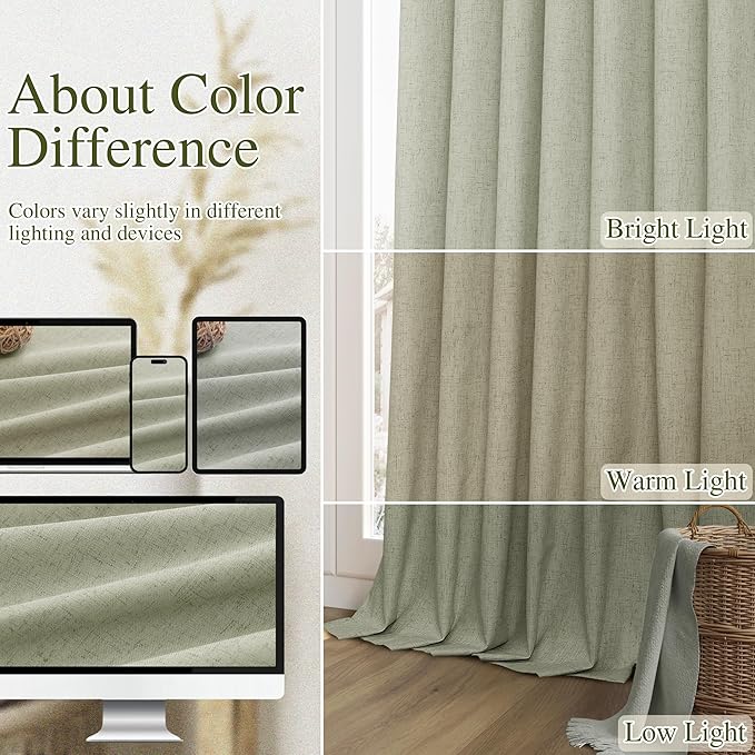 Guken Sage Green 100% Blackout Curtains 132 Inch Length 2 Panels Set for Living Room Bedroom Back Tab Thermal Insulated Black Out Linen Drapes Room Darkening Window Curtains 52x132