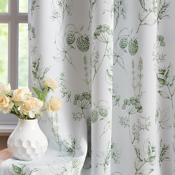 FMFUNCTEX 100% Blackout Floral Curtains 96 Inches Long for Bedroom, Sage Green Leaf Drapes for Living Room, Farmhouse Rod Pocket Back Tab Room Darkening Thermal Insulated Window Drapes 2 Panels