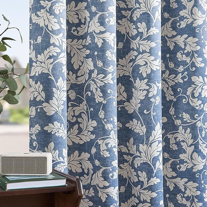 jinchan 80% Blackout Curtains for Bedroom, Blue Scroll Leaf Patterned Curtains 84 inch Length for Living Room, Farmhouse Vintage Drapes, Thermal Insulated Window Treatments, Grommet 2 Panels Blue