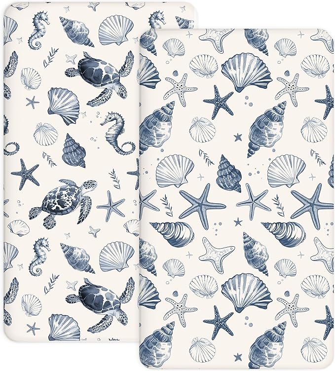 Pack and Play Sheets 2 Pack, Fitted Jersey Knit Mini Crib Sheets for Baby Boys and Girls, Compatible with Graco Pack N Play and Mini Crib Mattress (Deep Blue, Pack N Play/Mini Crib Sheets)