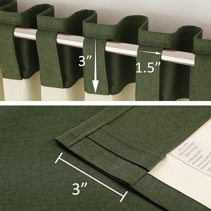 DUALIFE Blackout 96 Inches Long Olive Green Curtains 2 Panel Set, Farmhouse Curtains for Living Room Darkening Thermal/Noise Reduction Textured Flax Linen Drape 8ft Rod Pocket&Back Tab 72W x 96L